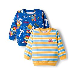 Babyhug Cotton Knit Full Sleeves Striped Sweatshirts with Animal Print Pack of 2 - Yellow & Blue