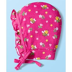 Babyhug 100% Cotton Cap with Polka Dot & Floral Print Pack of 2 Dark Pink & Pink - Diameter 16 cm