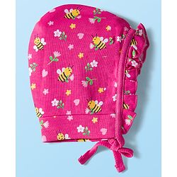 Babyhug 100% Cotton Cap with Polka Dot & Floral Print Pack of 2 Dark Pink & Pink - Diameter 16 cm