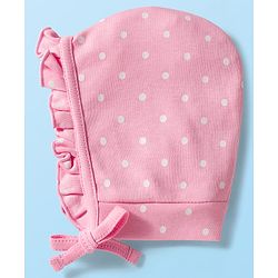 Babyhug 100% Cotton Cap with Polka Dot & Floral Print Pack of 2 Dark Pink & Pink - Diameter 16 cm