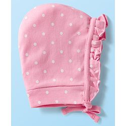 Babyhug 100% Cotton Cap with Polka Dot & Floral Print Pack of 2 Dark Pink & Pink - Diameter 16 cm