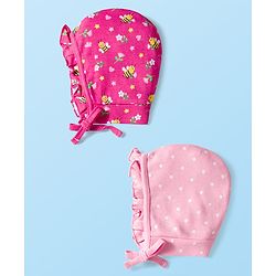 Babyhug 100% Cotton Cap with Polka Dot & Floral Print Pack of 2 Dark Pink & Pink - Diameter 16 cm