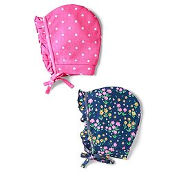 Babyhug 100% Cotton Knit Floral & Polka Dot Printed Caps Pack of 2 Navy Blue & Pink - Diameter 9 cm