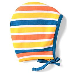 Babyhug 100% Cotton Knit Bonnet Bonnet Caps with Animal Print & Stripes Pack of 2 Blue & Yellow - Diameter 10 cm