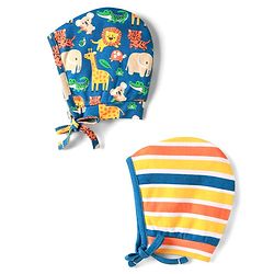 Babyhug 100% Cotton Knit Bonnet Bonnet Caps with Animal Print & Stripes Pack of 2 Blue & Yellow - Diameter 11 cm