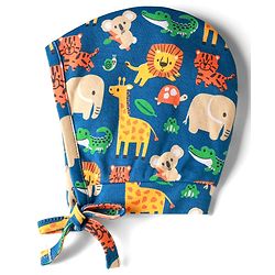 Babyhug 100% Cotton Knit Bonnet Bonnet Caps with Animal Print & Stripes Pack of 2 Blue & Yellow - Diameter 11 cm