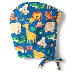 Babyhug 100% Cotton Knit Bonnet Bonnet Caps with Animal Print & Stripes Pack of 2 Blue & Yellow - Diameter 11 cm