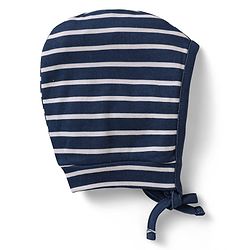 Babyhug 100% Cotton Knit Bonnet Cap with Stripes & Vehicle Print Pack of 2 Yellow & Navy Blue - Diameter 18 cm
