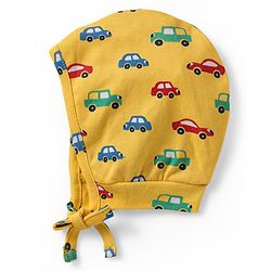 Babyhug 100% Cotton Knit Bonnet Cap with Stripes & Vehicle Print Pack of 2 Yellow & Navy Blue - Diameter 18 cm
