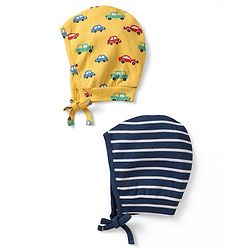 Babyhug 100% Cotton Knit Bonnet Cap with Stripes & Vehicle Print Pack of 2 Yellow & Navy Blue - Diameter 17 cm