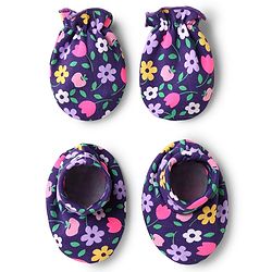 Babyhug 100% Cotton Interlock Knit Mittens & Booties Set with Floral Print - Purple