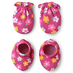Babyhug 100% Cotton Interlock Knit Mittens & Booties Set with Floral Print - Pink