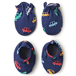 Babyhug 100% Cotton Interlock Knit Mittens & Booties Set with Car Print - Navy Blue