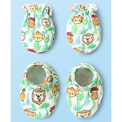 Babyhug 100% Cotton Interlock Knit Mittens & Booties Set with Animal Print - White