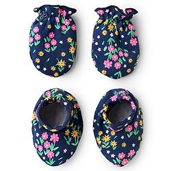 Babyhug 100% Cotton Interlock Knit Mittens & Booties Set with Floral Print - Navy Blue