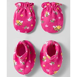 Babyhug 100% Cotton Mittens & Booties Set With Floral Print - Pink