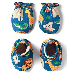 Babyhug 100% Cotton Knit Mittens & Booties Set with Animal Print - Navy Blue
