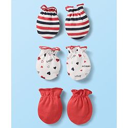 Babyhug 100% Cotton Knit Mittens with Heart Print & Stripes Pack of 3 - Red & White