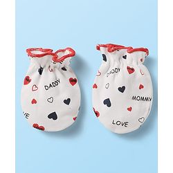 Babyhug 100% Cotton Knit Mittens with Heart Print & Stripes Pack of 3 - Red & White