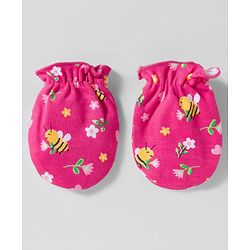 Babyhug 100% Cotton Interlock Knit Cap Mittens & Booties Set With Floral Print Pink - Diameter 28 cm