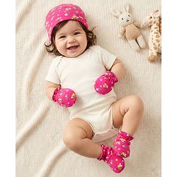 Babyhug 100% Cotton Interlock Knit Cap Mittens & Booties Set With Floral Print Pink - Diameter 28 cm