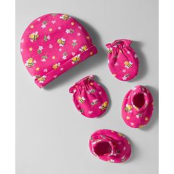 Babyhug 100% Cotton Interlock Knit Cap Mittens & Booties Set With Floral Print Pink - Diameter 28 cm