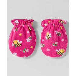 Babyhug 100% Cotton Interlock Knit Cap Mittens & Booties Set With Floral Print Pink - Diameter 28 cm