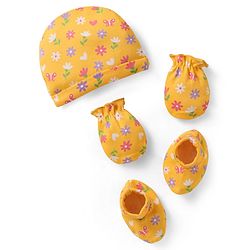 Babyhug 100% Cotton Knit Cap Mittens & Booties With Floral Print Yellow - Circumference 28 cm