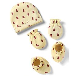 Babyhug 100% Cotton Knit Cap Mittens & Booties With Tree Print Beige - Circumference 30 cm