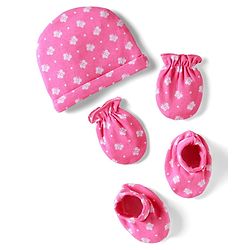 Babyhug 100% Cotton Knit Cap Mittens & Booties With Butterfly Print Pink - Circumference 28 cm