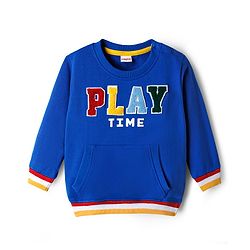 Babyhug Cotton Knit Full Sleeves Sweatshirt With Text Patch & Kangaroo Pockets - Blue