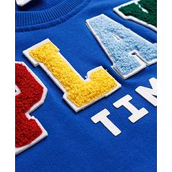 Babyhug Cotton Knit Full Sleeves Sweatshirt With Text Patch & Kangaroo Pockets - Blue