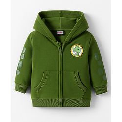 Babyhug Cotton Knit Full Sleeves Hooded Sweatjacket With Dino Patch & Kangaroo Pockets - Green