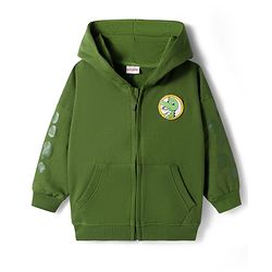 Babyhug Cotton Knit Full Sleeves Hooded Sweatjacket With Dino Patch & Kangaroo Pockets - Green