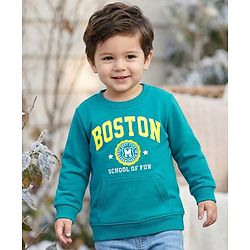 Babyhug Cotton Knit Full Sleeves Sweatshirt with Boston Text Graphics & Kangaroo Pockets - Turquoise