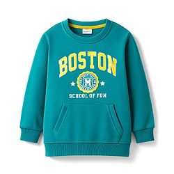 Babyhug Cotton Knit Full Sleeves Sweatshirt with Boston Text Graphics & Kangaroo Pockets - Turquoise