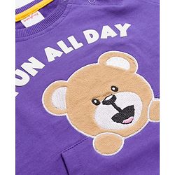 Babyhug Cotton Knit Full Raglan Sleeves Sweatshirt With Teddy Bear Patch & Kangaroo Pockets - Purple