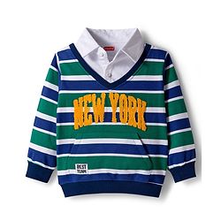 Babyhug Cotton Knit Full Sleeves Striped Sweatshirt With New York Embroidery & Kangaroo Pockets - Multicolor