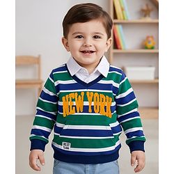 Babyhug Cotton Knit Full Sleeves Striped Sweatshirt With New York Embroidery & Kangaroo Pockets - Multicolor
