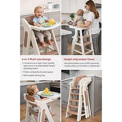 Babyhug Convertible High Chair and Foldable Standing Stool - Brown| Dining Chair| Adjustable Height| Removable Food Tray| Safety Fence| Step Stool| Tool Free Assembly