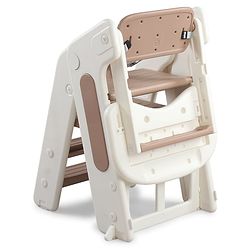 Babyhug Convertible High Chair and Foldable Standing Stool - Brown| Dining Chair| Adjustable Height| Removable Food Tray| Safety Fence| Step Stool| Tool Free Assembly