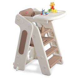 Babyhug Convertible High Chair and Foldable Standing Stool - Brown| Dining Chair| Adjustable Height| Removable Food Tray| Safety Fence| Step Stool| Tool Free Assembly