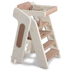 Babyhug Convertible High Chair and Foldable Standing Stool - Brown| Dining Chair| Adjustable Height| Removable Food Tray| Safety Fence| Step Stool| Tool Free Assembly