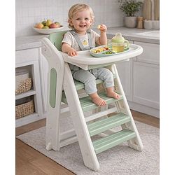 Babyhug Convertible High Chair and Foldable Standing Stool - Brown| Dining Chair| Adjustable Height| Removable Food Tray| Safety Fence| Step Stool| Tool Free Assembly