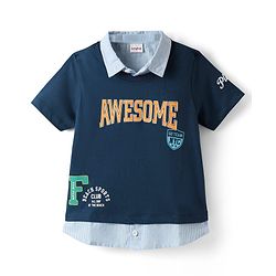 Babyhug 100% Cotton Knit Half Sleeve Overlapping T-Shirt with Mock Collar & Text Print - Navy Blue