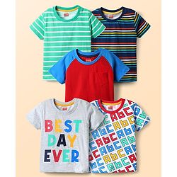 Babyhug 100% Cotton Knit Half Raglan Sleeves T-Shirts with Text Print & Stripes Pack of 5 - Multicolor