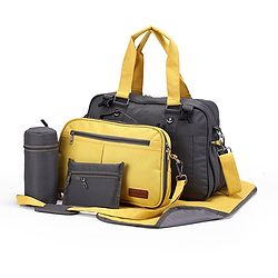 Babyhug Duet Diaper Bag with Diaper Changing Mat and Small Detachable Pouch - Grey Yellow| Set of 3 & Insulated Bottle Pouch|Water Resistant Fabric|Multi-carry Option| Durable Zipper| Easy to Maintain