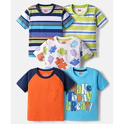 Babyhug 100% Cotton Knit Half Raglan Sleeves Striped T-Shirt with Text Print Pack of 5 - Multicolor