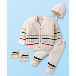 Babyhug Knit Full Sleeves Striped Sweater Set with Cap & Mittens - Off White
