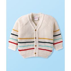 Babyhug Knit Full Sleeves Striped Sweater Set with Cap & Mittens - Off White